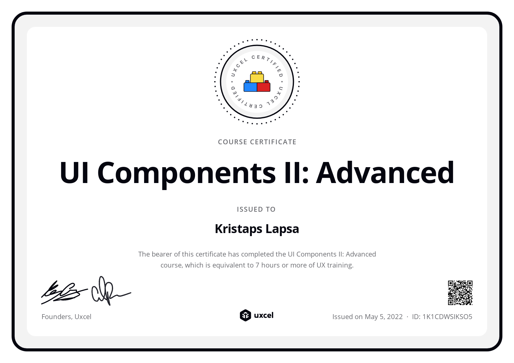 Kristaps Lapsa's certificate